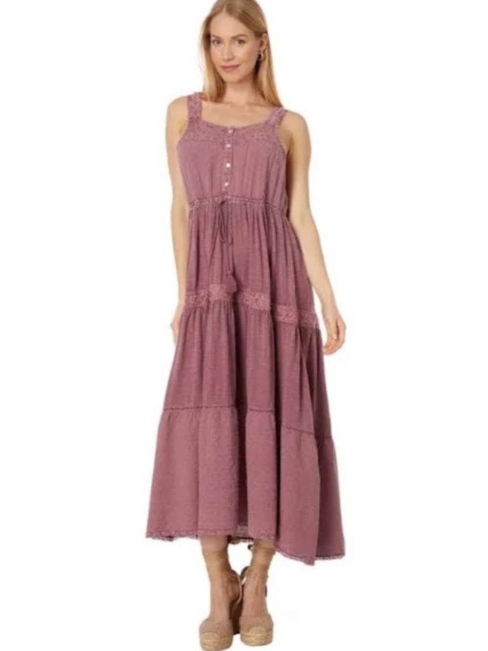 Lucky Brand Tiered Lace Maxi Dress Pink Boho Cottagecore Button Front. M.